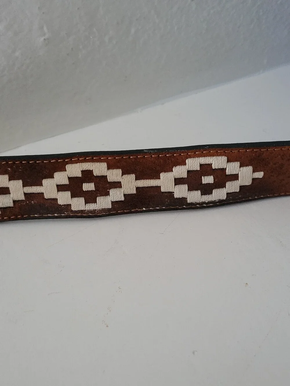 La Matera Men’s Western Style Belt Size 36 Brown Geometric Woven Inlay Leather